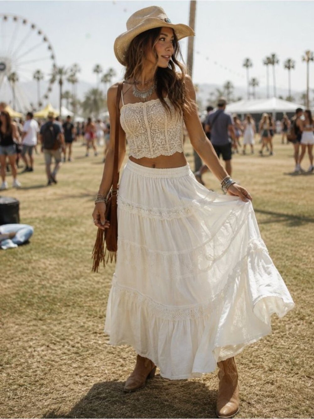 Vintage Bohemian Tiered Lace Maxi Skirt Cream Cottagecore Festival Medium